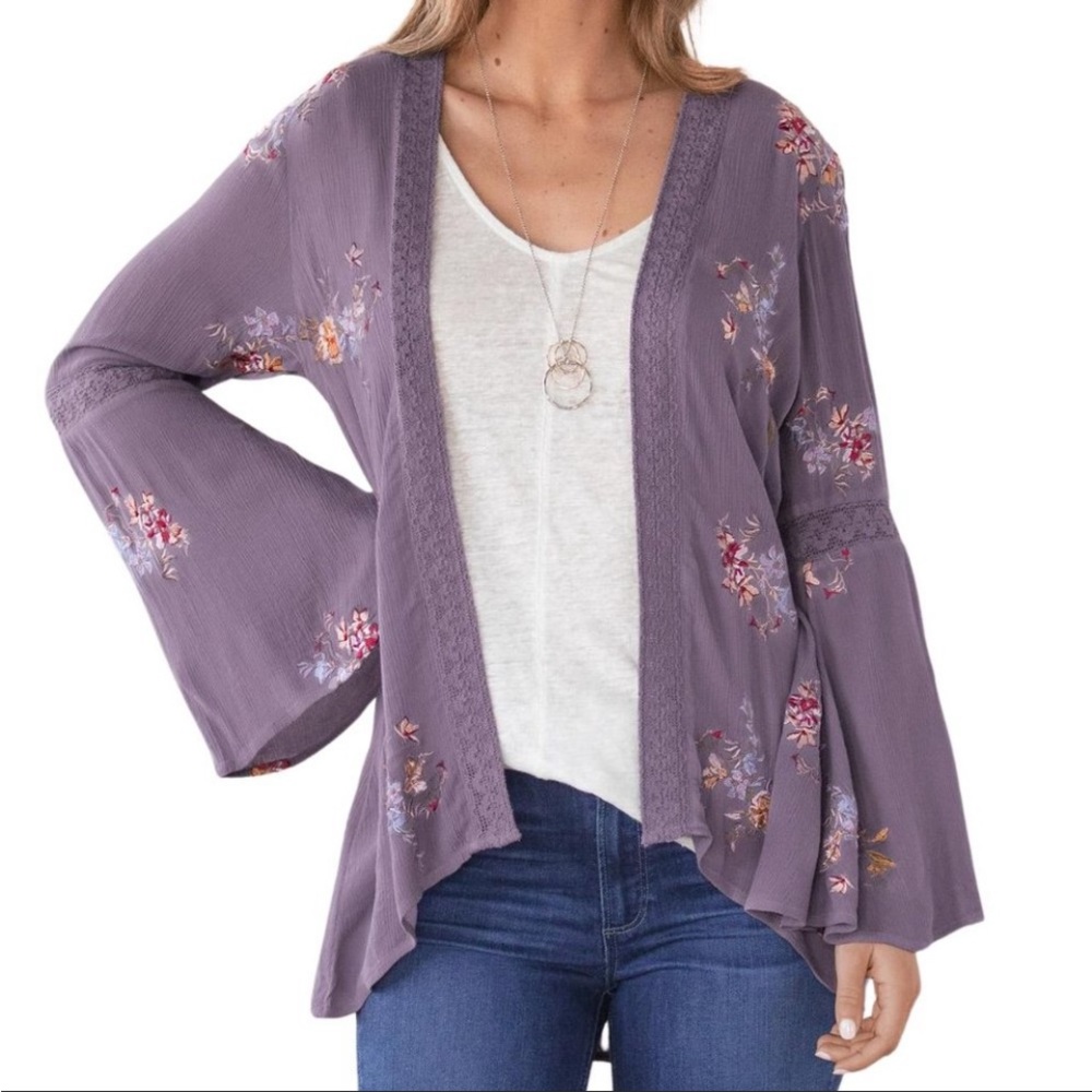 Sundance Anastasia Floral Embroidered Kimono in Dusty Purple Boho Size Small